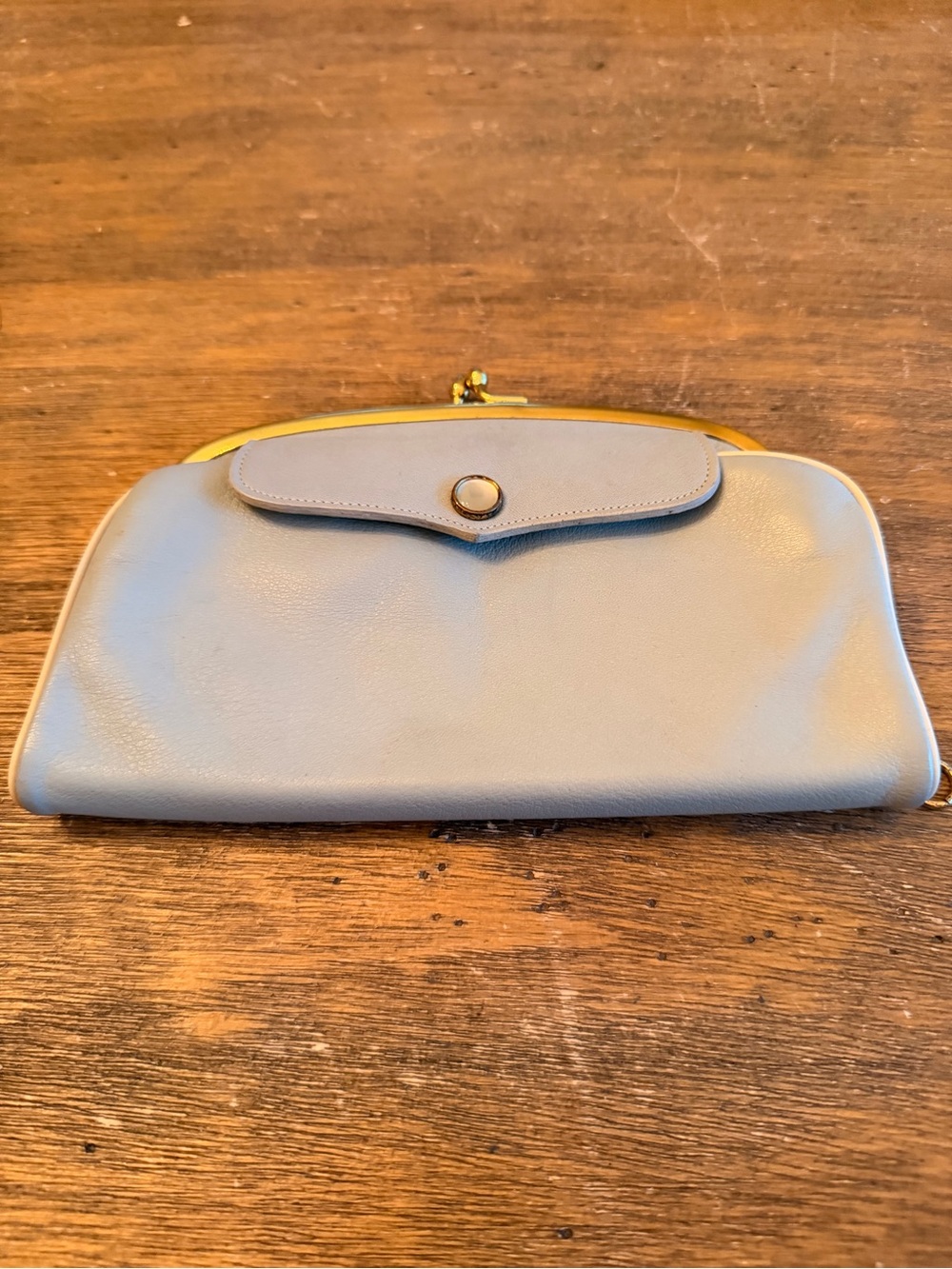 Vintage 1960s Bonnie Cashin Coach Sky Blue Leather Kisslock Clutch Plaid Pearl